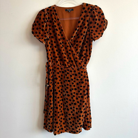Madewell Velvet Wrap Dress in Leopard Dot Black Brown Size XS - Picture 2 of 9